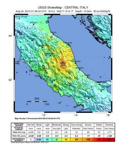 Mapa de intensidad del Terremoto en Italia