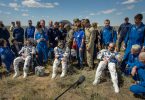 Tim Peake of the European Space Agency, left, Yuri Malenchenko of Roscosmos center, and Tim Kopra of NASA sit in chairs outside the Soyuz TMA-19M spacecraft just minutes after they landed in a remote area near the town of Zhezkazgan, Kazakhstan on Saturday, June 18, 2016. Kopra, Peake, and Malenchenko are returning after six months in space where they served as members of the Expedition 46 and 47 crews onboard the International Space Station. Photo Credit: (NASA/Bill Ingalls)