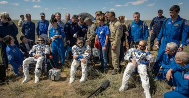 Tim Peake of the European Space Agency, left, Yuri Malenchenko of Roscosmos center, and Tim Kopra of NASA sit in chairs outside the Soyuz TMA-19M spacecraft just minutes after they landed in a remote area near the town of Zhezkazgan, Kazakhstan on Saturday, June 18, 2016. Kopra, Peake, and Malenchenko are returning after six months in space where they served as members of the Expedition 46 and 47 crews onboard the International Space Station. Photo Credit: (NASA/Bill Ingalls)
