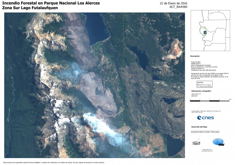 Mapa del incendio en Parque Nacional Los Alerces elaborado por la CONAE - Imagen: SPOT 6